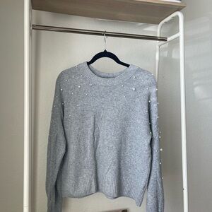 CeCe Light Gray Pearl-Embellished Sweater